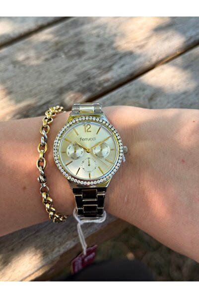 Ferrucci ساعة نسائية مقاومة للماء مع حزام فولاذي ثنائي اللون باللونين الذهبي ...