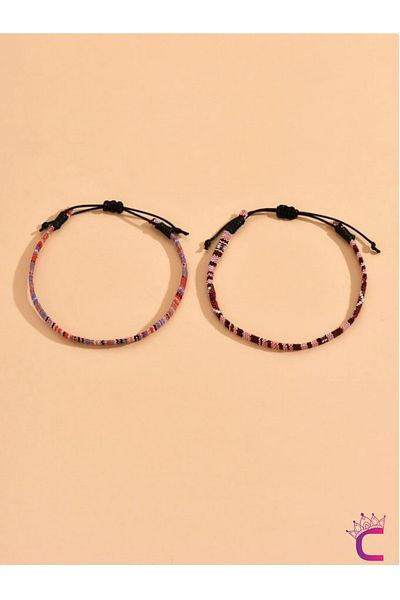 Cinderella Pack of 2 Bohemian Striped Braided Rope Black Adjustable Rope Anklet Bracelet - Trend Sea Beach Foot Jewelry