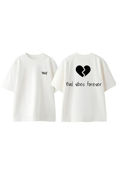 THEWERT Bad Vibes Forever Design Tricou Oversize Alb din Bumbac cu Imprimeu pe Spate