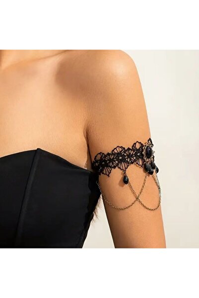 Yıldız Accessory Gotik Siyah Dantel Boncuklu Zincirli Sallantılı Üst Kol Bile...