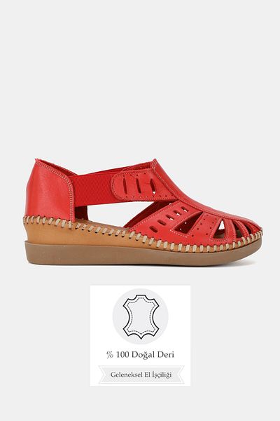 TUNAELLİ Women's Red Khaki Leather 35-41-42 Number Strapped Flat Wedge Heels Side Open Sandals