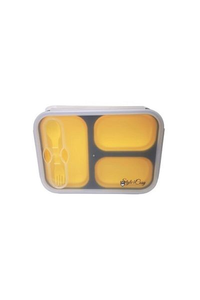Style4Cosy Folding Silicone Lunchbox Clip&Close with Fork and Spoon, Style4Cosy, 24 cm, Yellowstone