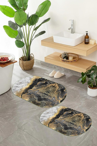 Viyana Home Covoraș de baie oval cu model de marmură, lavabil, cu bază digita...