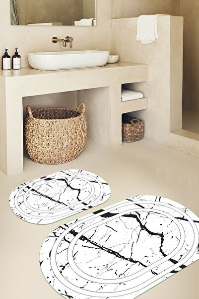 Viyana Home Covoraș de baie oval cu model de marmură, lavabil, cu bază anti-a...
