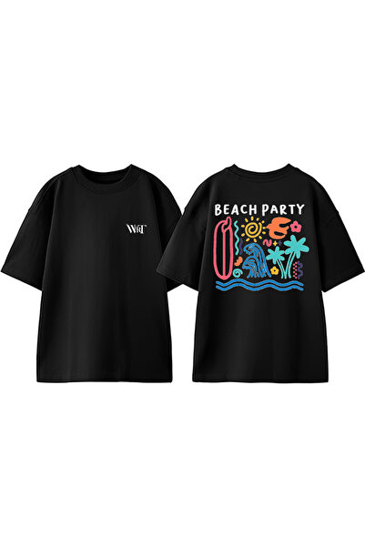 THEWERT Tricou oversize negru din bumbac imprimat pe spate cu design Beach Party