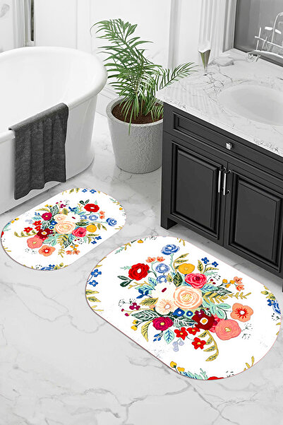 Viyana Home Covoraș de baie oval cu model de flori, lavabil, cu bază digitală...