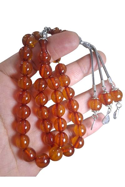 Cekke Tesbih Vertical Vein Stick Tightening Amber 11*11.5 mm 5.5 Gr Silver Tassel Daily Prayer Beads