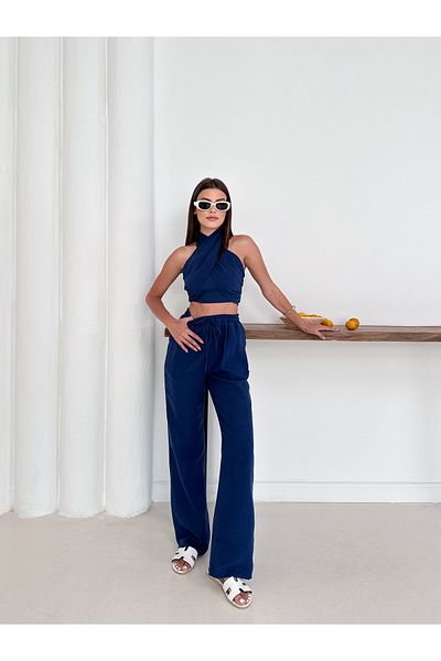OTAKU Women's Summer Navy Blue Double Breasted Bustier and Casual Pants Two Piece Set