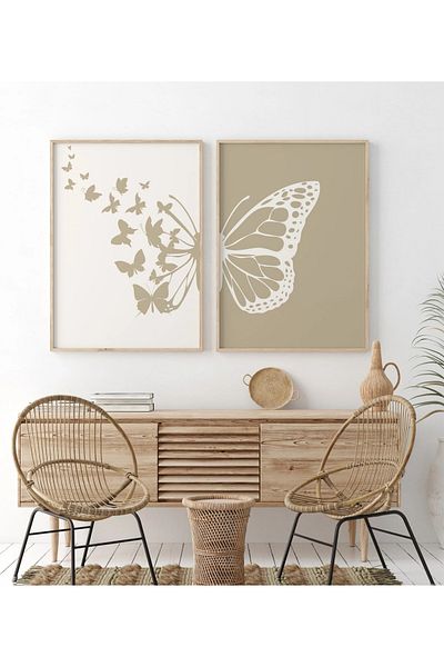 NT Handmade Uv Print with Natural Wood Frame Set of 2 Abstract Butterfly Pattern Paintings – Modern & Stylish Wall Decor