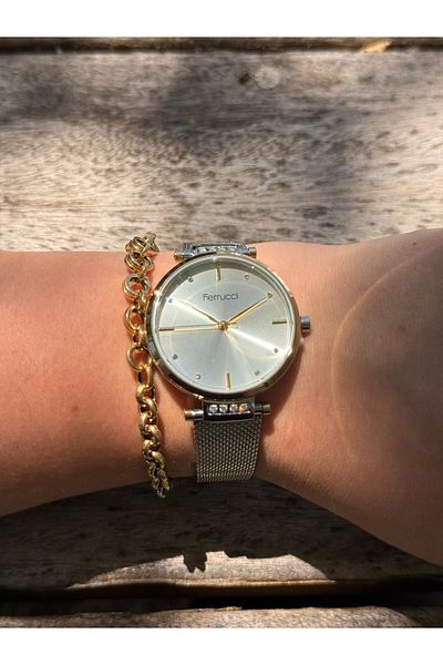 Ferrucci Silver and Gold Two-Tone Stylish Steel Motif Watershed Waterproof Women's Watch with Wicked Cord