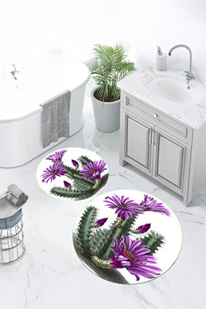 Viyana Home Set de 2 covorașe rotunde pentru baie, lavabile, cu model de cactus