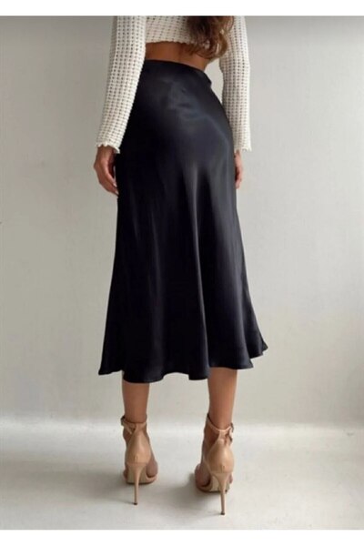 MİSPİER Summer Leopard/Black Patterned Midi Length Satin Skirt