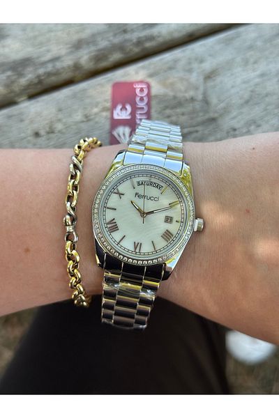 Ferrucci Silver Color Roman Numbers Dial Stone Stylish Steel Cord Waterproof Women's Watch