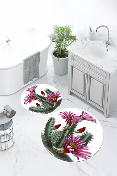 Viyana Home Set de 2 covorașe rotunde pentru baie, lavabile, cu model de cactus