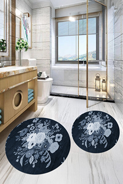 Viyana Home Set de 2 covorașe rotunde pentru baie, lavabile, cu model de flori
