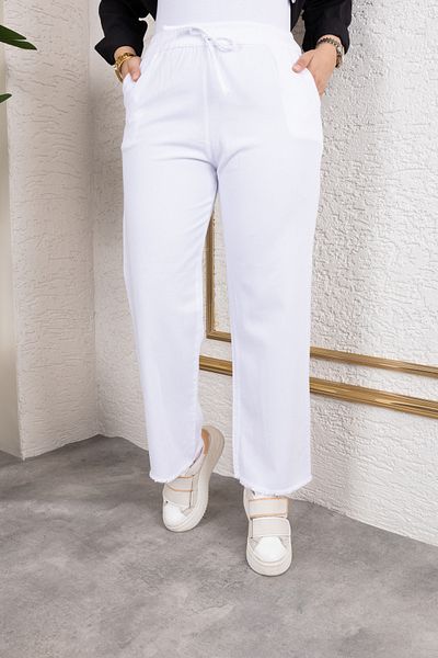 Nevayla Moda Elastic Waist Linen Trousers - White / A0104