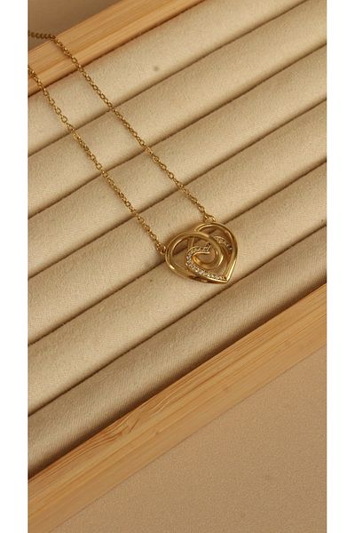 Tişt Accessory Xuping Gold Plated Heart Detailed Zircon Stone Thin Chain Necklace - Does Not Blacken