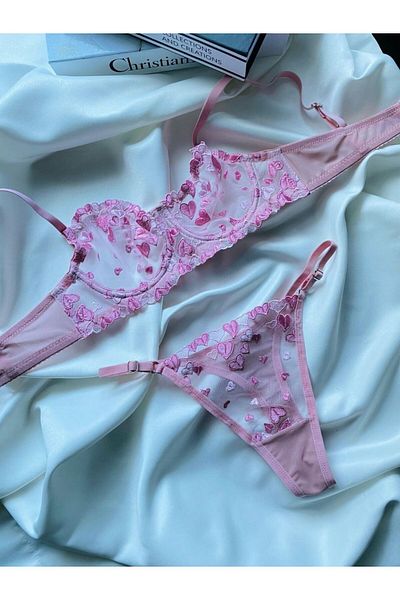HappyZEY Pink Heart Embroidered Bralet Bra & Thong Underwear Set
