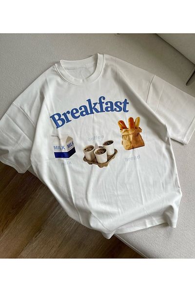 Butik White Unisex Breakfast Printed Oversize T-Shirt