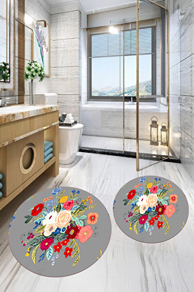 Viyana Home Set de 2 covorașe rotunde pentru baie, lavabile, cu model de flori