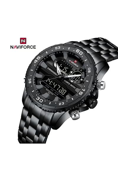 Naviforce Sport Analog-Digital Wrist Watch for Men with Stainless Steel Strap Water Resistant Multi-Function