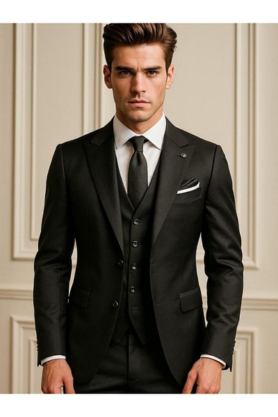 Almino By Şerifoğlu Men's Slim Fit Full Mold Black Vest Suit