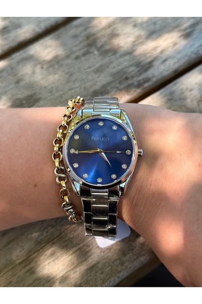 Ferrucci Stylish Steel Cord Waterproof Women's Watch with Silver Color Blue Dial