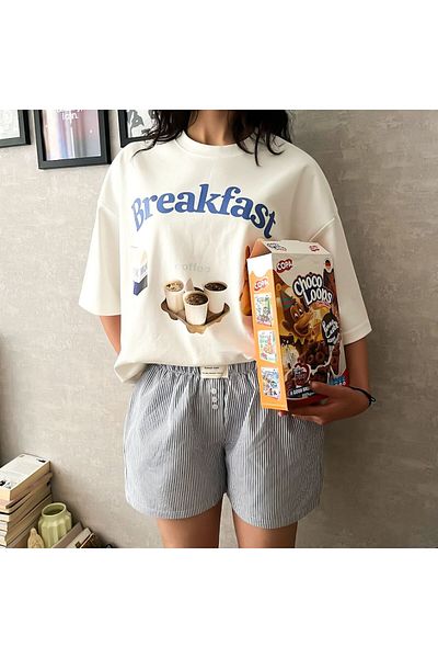 Butik White Unisex Breakfast Printed Oversize T-Shirt