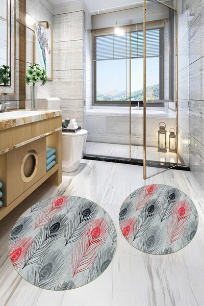 Viyana Home Digital Non-Slip Base Washable Floral Round Bathroom Mat Set of 2 Toilet Seat Covers