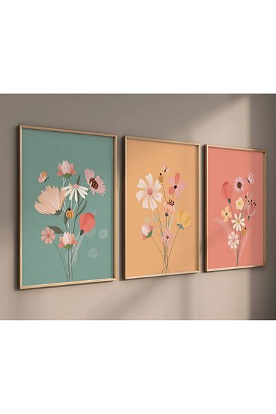 NT Handmade Natural Wood Framed Uv Printing 3-Piece Colorful Flower Bouquets Painting Set – Modern & Stylish Wall Decor