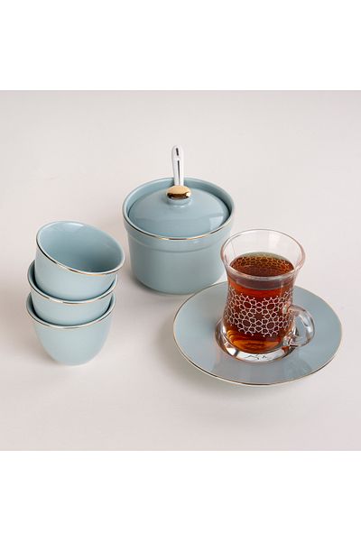 Dallaty Zukhroof turquoise porcelain and glass Tea and coffee cups set 20 pcs