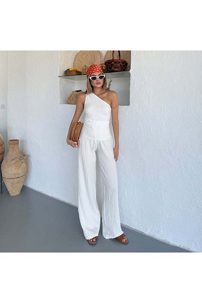LEONE KOLEKSİYON White One Shoulder Seersucker Fabric Suit