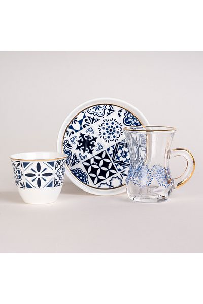 Dallaty La Mesa blue porcelain and glass tea and coffee cups set 18 pcs