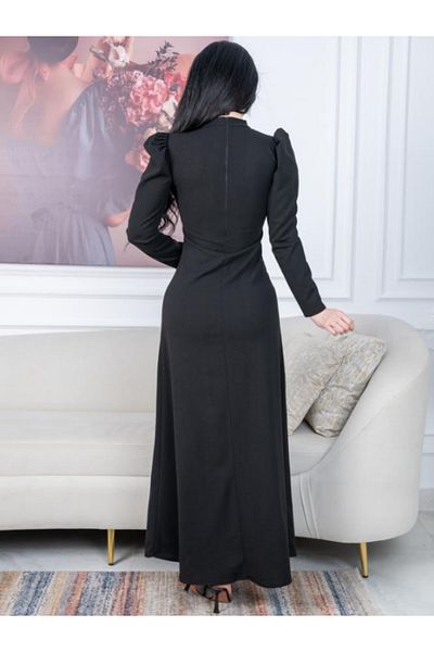 Nice Model Black Crepe Evening Dress Long Sleeve Studded Bow Formal Cocktail Party Gown Women