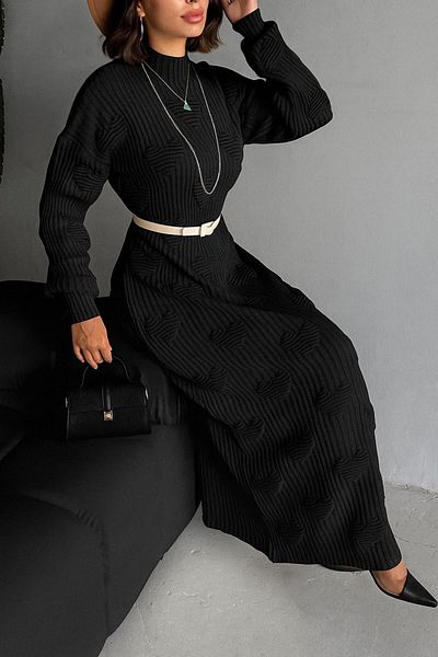 nosia fashion Women's Heart Patterned Long Cotton Black Knitwear Dress