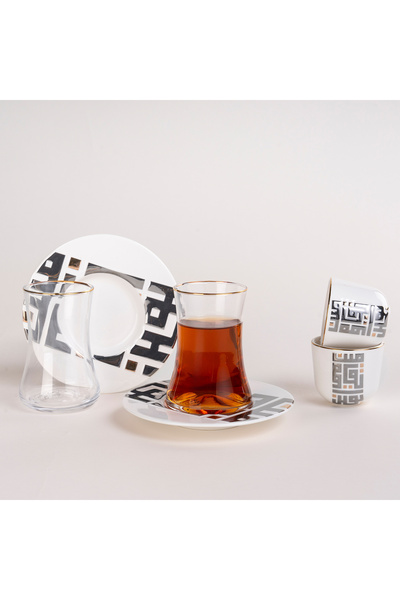 Dallaty طقم فناجين شاي وقهوة من البورسلين الأبيض والزجاج - 18 قطعة