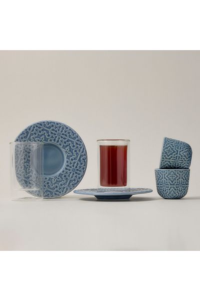 Dallaty blue porcelain and glass tea and Saudi coffee cups set 18 pcs