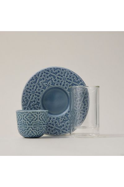 Dallaty blue porcelain and glass tea and Saudi coffee cups set 18 pcs