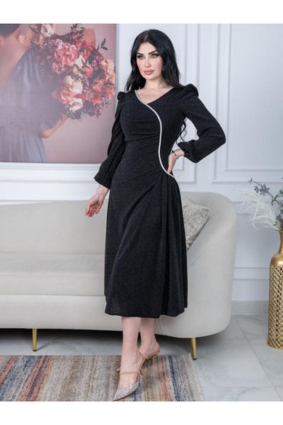 Nice Model Black Shiny Feather Evening Dress - Wrap Bodice Formal Gown with Slit & Diagonal Accessory Detail