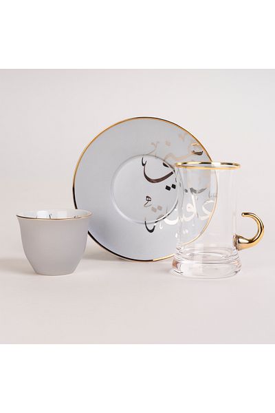 Dallaty La Mesa white porcelain and glass tea and coffee cups set 18 pcs