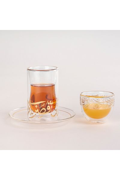 Generic 18-Piece Double Wall Glass Arabic Tea and Coffee Set ,Gold Calligraphy 100Ml