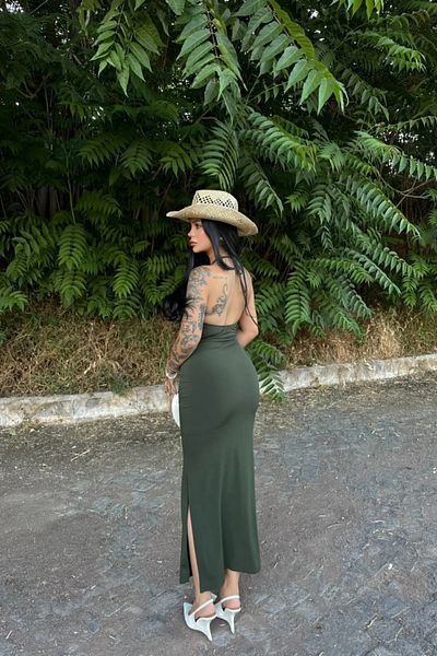 MOZENA Halter Neck Lined Slit Long Dress