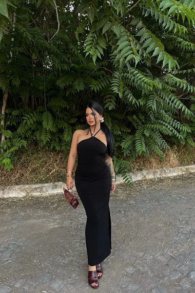 MOZENA Halter Neck Lined Slit Long Dress