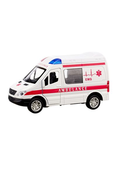 OEM Metallic Rescue Car Ambulance with Opening Doors, Pull Back, Sirens, Lights, Batteries Included (12