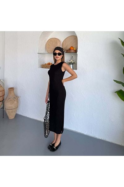 LEONE KOLEKSİYON Women's Slit Detailed Seersucker Fabric Midi Dress