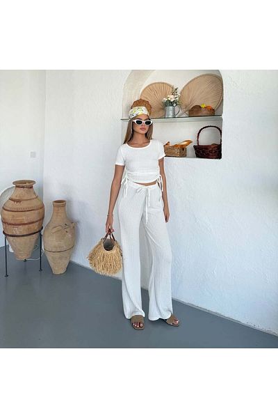 LEONE KOLEKSİYON Women's Seersucker Fabric Side Adjustable Blouse Pants Set