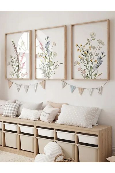 NT Handmade Natural Wooden Framed Uv Printing 3-Piece Flower Pattern Painting Set – Modern & Stylish Wall Decor