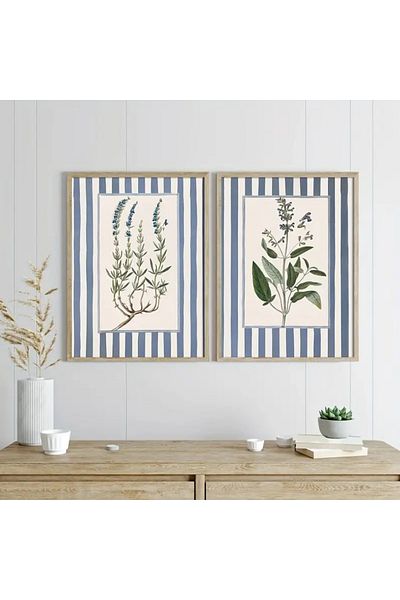 NT Handmade Set de 2 tablă cu model de flori cu dungi albastre, imprimare UV, cu rame din lemn natural, decor de perete modern și elegant