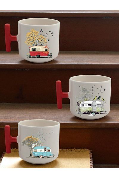 lili hediyelik Bird and Caravan Printed 3-Piece Ceramic Coffee Mug Mug Cup - Home Kitchen Office Workplace Utensil