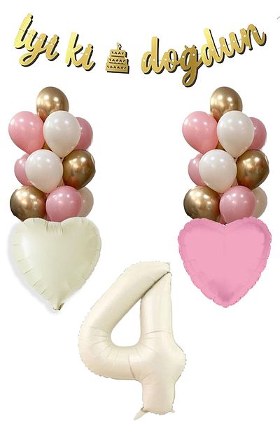 Atölye Mi 4 Year Old Girl Birthday Concept Retro Cream Number Happy Birthday Banner Balloon Chain Set